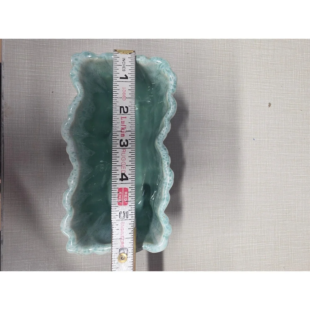 Vintage UPCO USA Ceramic Planter Seafoam Green Drip Glaze Scalloped Trough 825